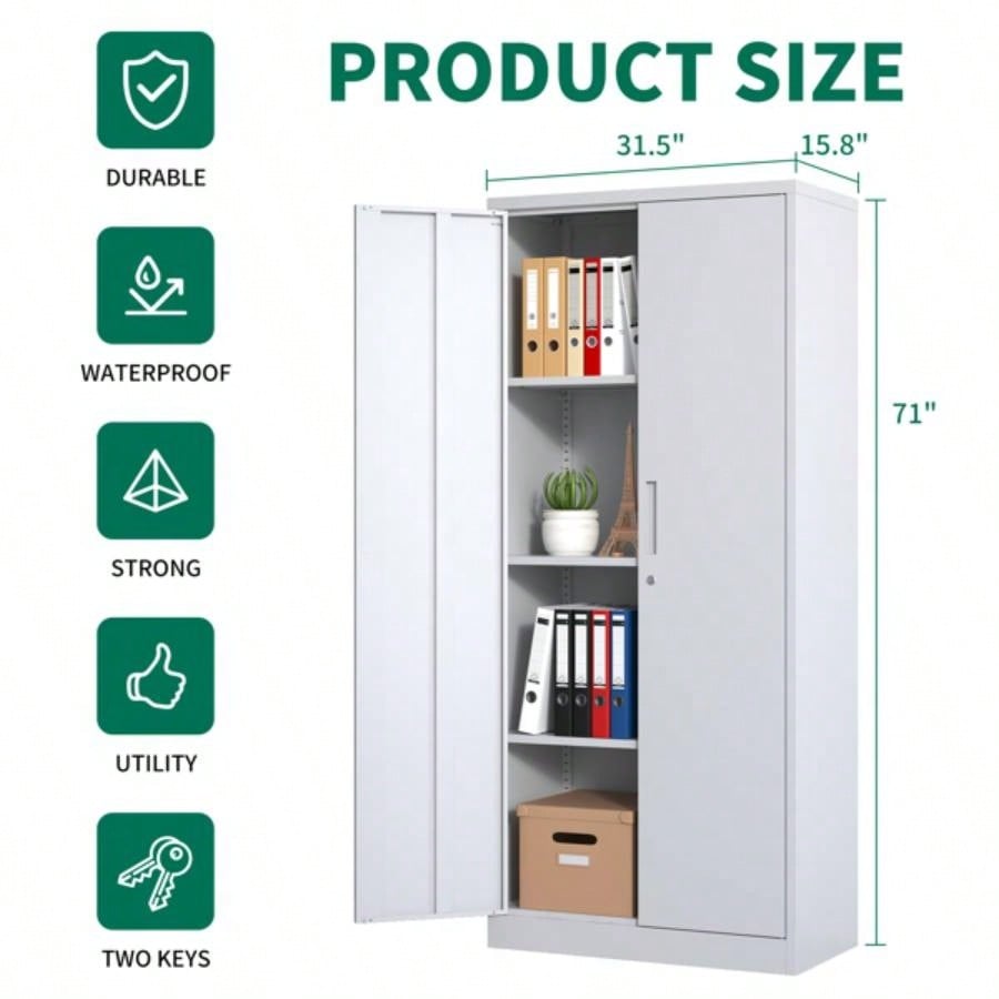 71H Metal Garage Storage Cabinet, White Steel Locking Cabinet with Doors and 3 Adjustable Shelves, Tall Cabinets Garage Storage Systems Lockable File Cabinet Home Office, Classroom, Pantry