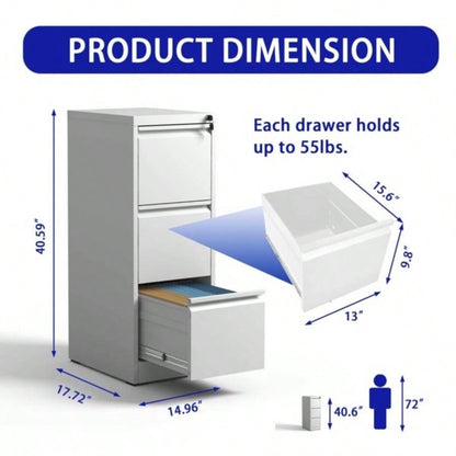 3 Drawer Metal Vertical File Cabinet with Lock Office Home Steel Vertical File Cabinet A4 Legal/Letter Size3