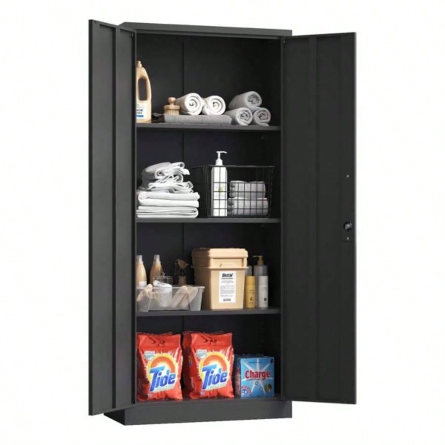 71H Metal Garage Storage Cabinet, Black Steel Locking Cabinet with Doors and 3 Shelves, Tall Cabinets Garage Storage Systems Lockable File Cabinet Home Office, Classroom/Pantry