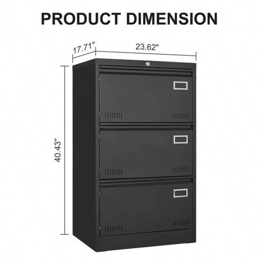 Filing Cabinet Lateral File Cabinet 3 Drawer, Blcak Locking Metal File Cabinets Three Drawer, Office Filing Cabinet with Lock Drawers Home Office/Legal/Letter/A4/F4