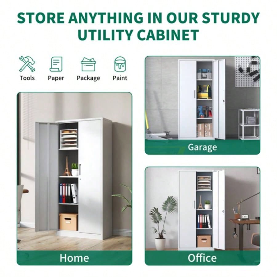 71H Metal Garage Storage Cabinet, White Steel Locking Cabinet with Doors and 3 Adjustable Shelves, Tall Cabinets Garage Storage Systems Lockable File Cabinet Home Office, Classroom, Pantry