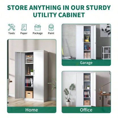 71H Metal Garage Storage Cabinet, White Steel Locking Cabinet with Doors and 3 Adjustable Shelves, Tall Cabinets Garage Storage Systems Lockable File Cabinet Home Office, Classroom, Pantry