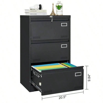 Filing Cabinet Lateral File Cabinet 3 Drawer, Blcak Locking Metal File Cabinets Three Drawer, Office Filing Cabinet with Lock Drawers Home Office/Legal/Letter/A4/F4