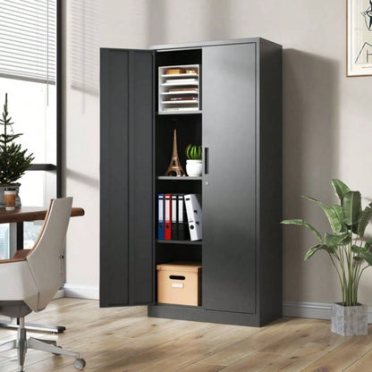 71H Metal Garage Storage Cabinet, Black Steel Locking Cabinet with Doors and 3 Shelves, Tall Cabinets Garage Storage Systems Lockable File Cabinet Home Office, Classroom/Pantry