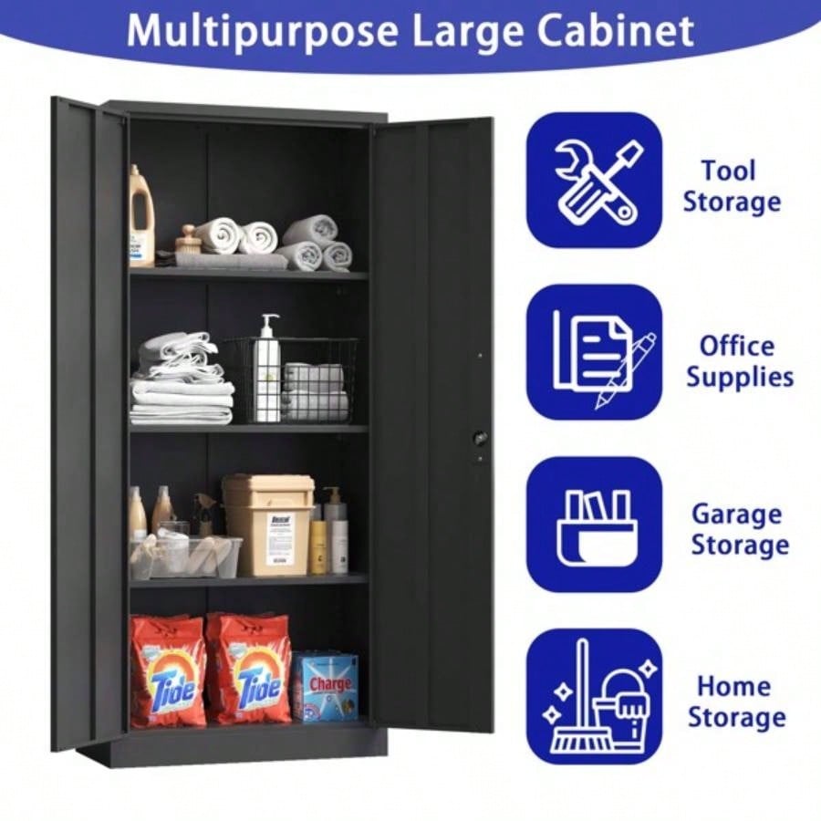71H Metal Garage Storage Cabinet, Black Steel Locking Cabinet with Doors and 3 Shelves, Tall Cabinets Garage Storage Systems Lockable File Cabinet Home Office, Classroom/Pantry