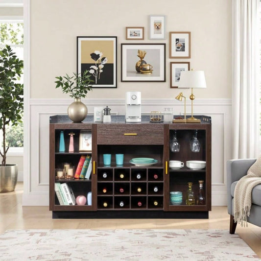 Double Glass Door with Single Drawer and 12 - Bottle Wine Rack Sideboard in Black Frame+ Gray - Brown Interior Panels - Particle Board and Glass