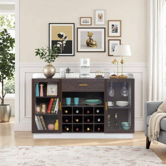 Double Glass Door with Single Drawer and 12 - Bottle Wine Rack Sideboard in Black Frame+ White - Brown Interior Panels - Particle Board and Glass