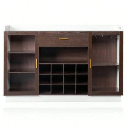 Double Glass Door with Single Drawer and 12 - Bottle Wine Rack Sideboard in Black Frame+ White - Brown Interior Panels - Particle Board and Glass