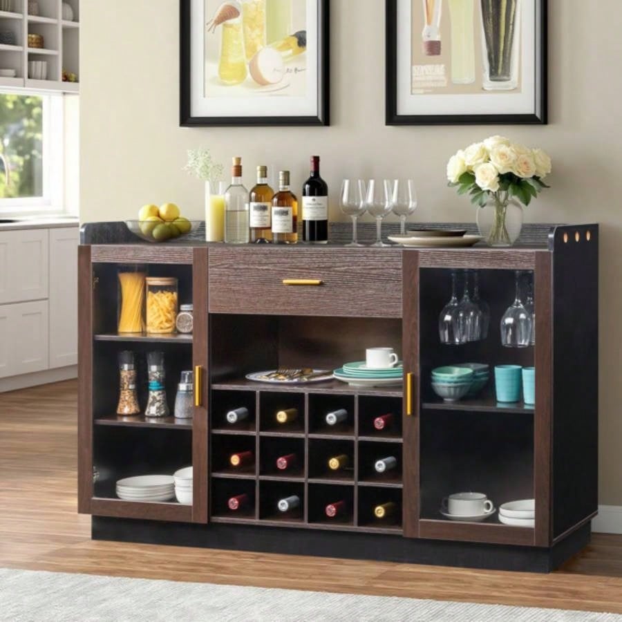 Double Glass Door with Single Drawer and 12 - Bottle Wine Rack Sideboard in Black Frame+ Gray - Brown Interior Panels - Particle Board and Glass
