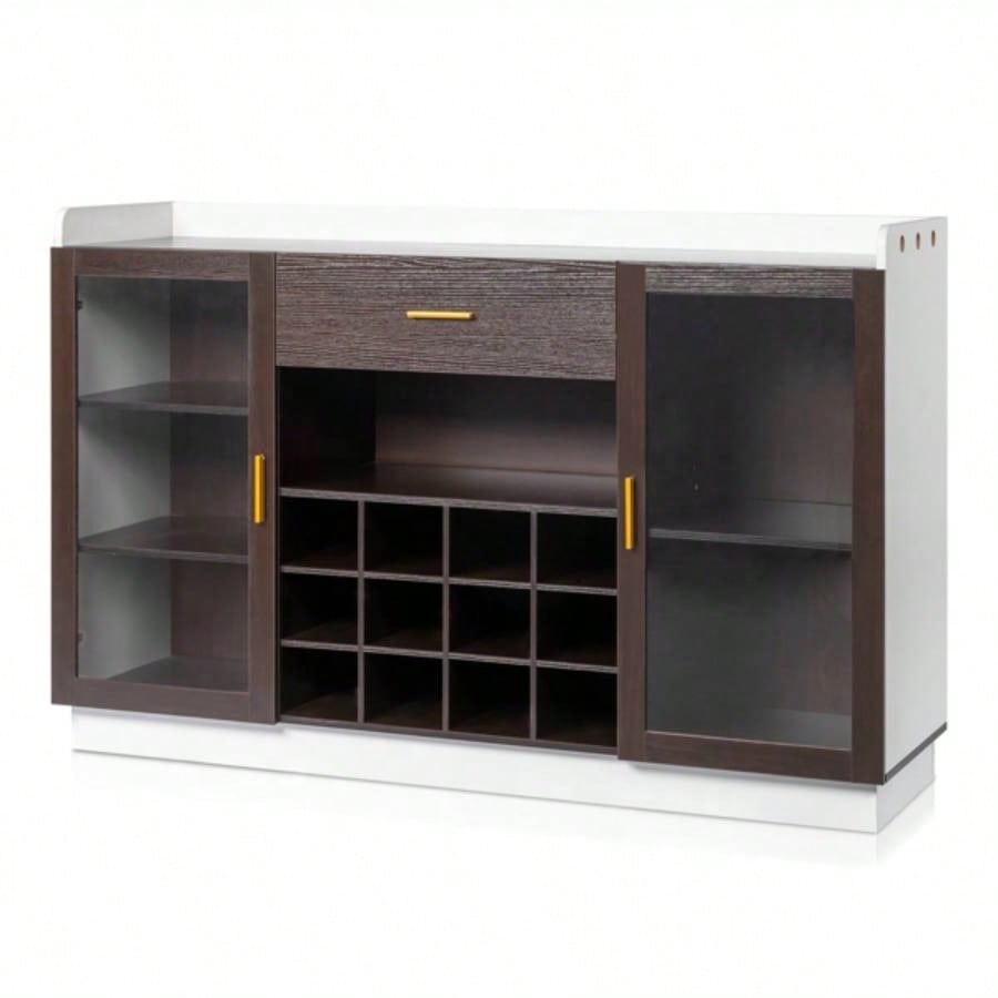 Double Glass Door with Single Drawer and 12 - Bottle Wine Rack Sideboard in Black Frame+ White - Brown Interior Panels - Particle Board and Glass