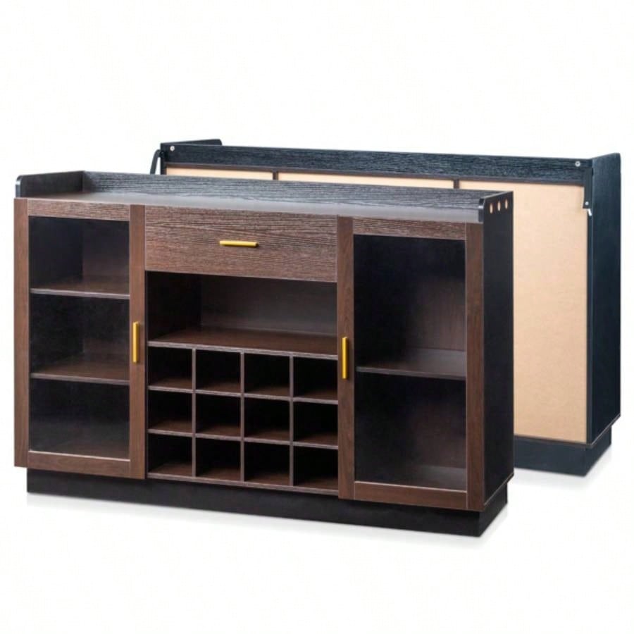 Double Glass Door with Single Drawer and 12 - Bottle Wine Rack Sideboard in Black Frame+ Gray - Brown Interior Panels - Particle Board and Glass