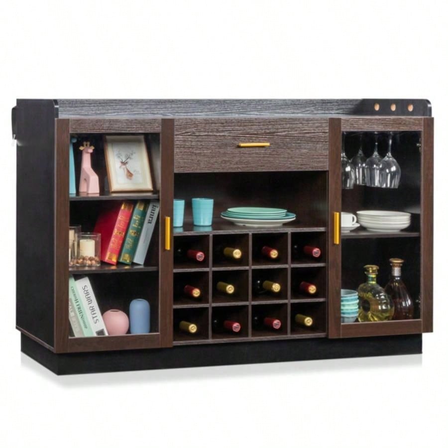 Double Glass Door with Single Drawer and 12 - Bottle Wine Rack Sideboard in Black Frame+ Gray - Brown Interior Panels - Particle Board and Glass