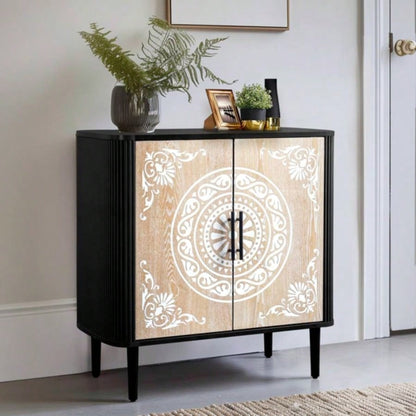 Pattern Carving, High Feet, Oval Tabletop, Curved Side Frame, Door Panel MDF Spray Paint, Cabinet Body Melamine Board Polished, Sideboard 80*39.5*80cm