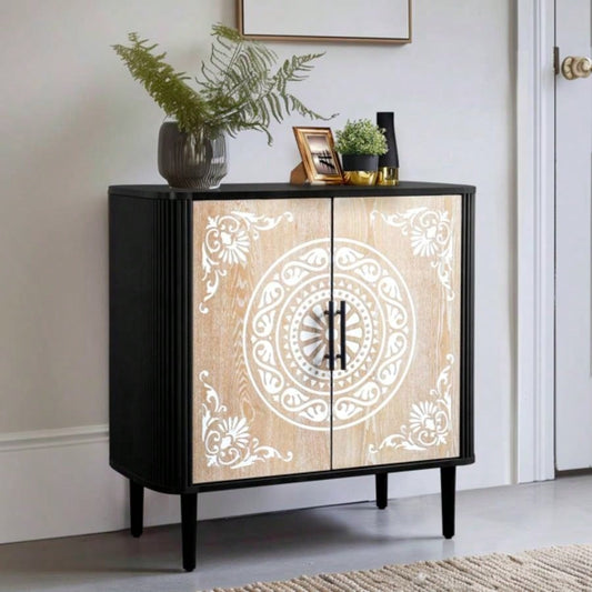 Pattern Carving, High Feet, Oval Tabletop, Curved Side Frame, Door Panel MDF Spray Paint, Cabinet Body Melamine Board Polished, Sideboard 80*39.5*80cm