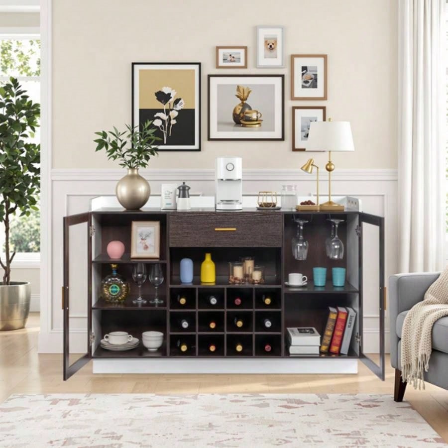Double Glass Door with Single Drawer and 12 - Bottle Wine Rack Sideboard in Black Frame+ White - Brown Interior Panels - Particle Board and Glass