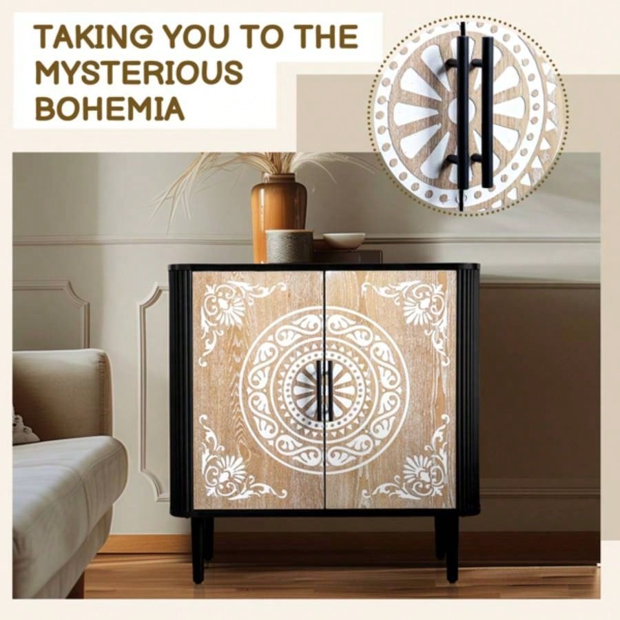 Pattern Carving, High Feet, Oval Tabletop, Curved Side Frame, Door Panel MDF Spray Paint, Cabinet Body Melamine Board Polished, Sideboard 80*39.5*80cm