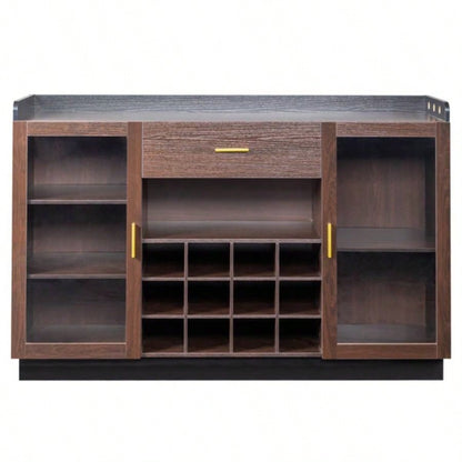 Double Glass Door with Single Drawer and 12 - Bottle Wine Rack Sideboard in Black Frame+ Gray - Brown Interior Panels - Particle Board and Glass