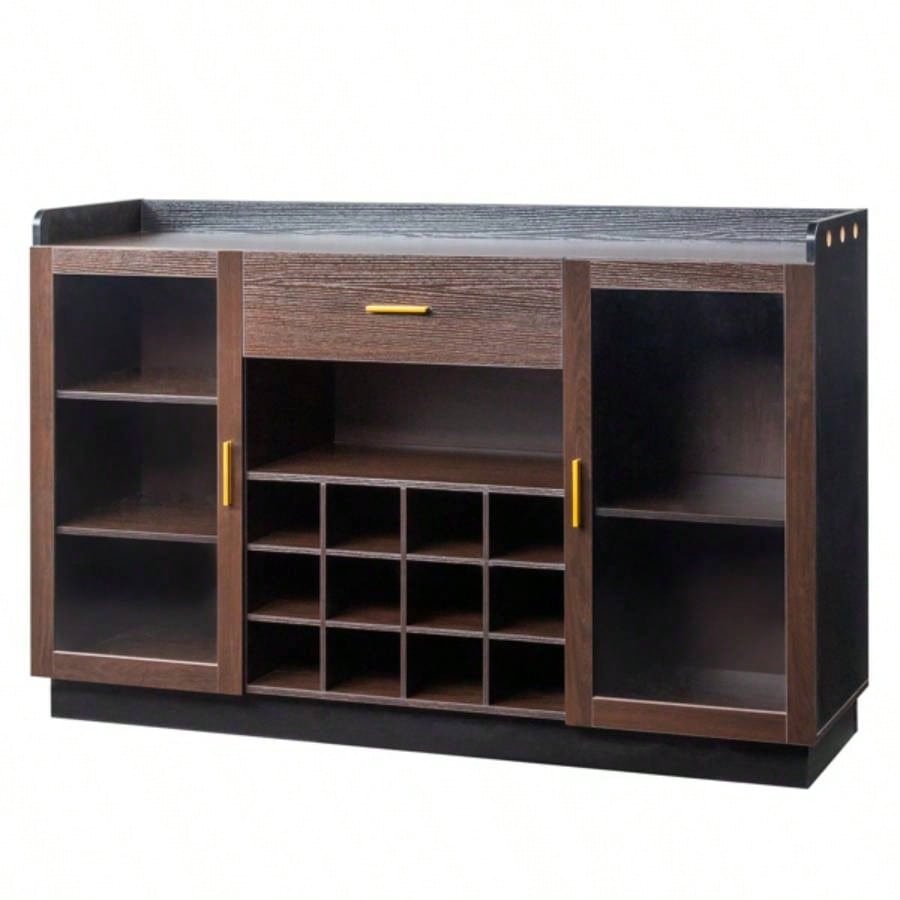 Double Glass Door with Single Drawer and 12 - Bottle Wine Rack Sideboard in Black Frame+ Gray - Brown Interior Panels - Particle Board and Glass