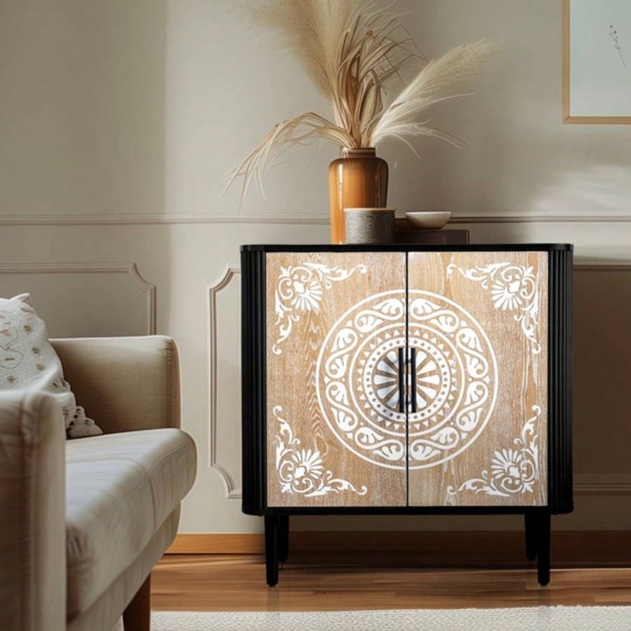 Pattern Carving, High Feet, Oval Tabletop, Curved Side Frame, Door Panel MDF Spray Paint, Cabinet Body Melamine Board Polished, Sideboard 80*39.5*80cm