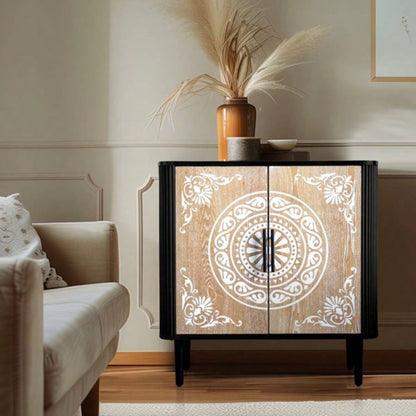 Pattern Carving, High Feet, Oval Tabletop, Curved Side Frame, Door Panel MDF Spray Paint, Cabinet Body Melamine Board Polished, Sideboard 80*39.5*80cm