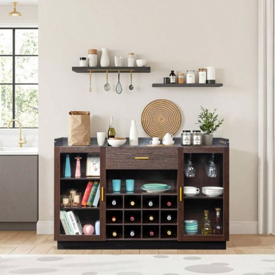 Double Glass Door with Single Drawer and 12 - Bottle Wine Rack Sideboard in Black Frame+ Gray - Brown Interior Panels - Particle Board and Glass