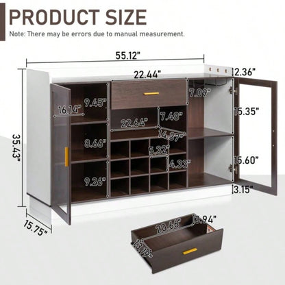 Double Glass Door with Single Drawer and 12 - Bottle Wine Rack Sideboard in Black Frame+ White - Brown Interior Panels - Particle Board and Glass