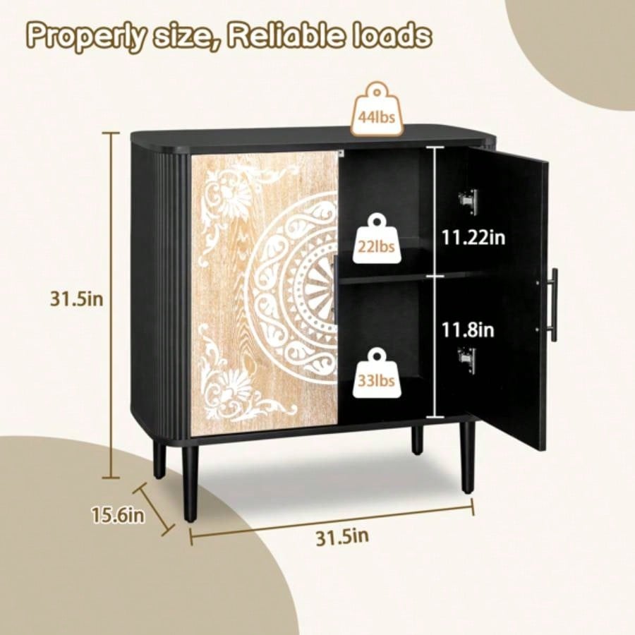 Pattern Carving, High Feet, Oval Tabletop, Curved Side Frame, Door Panel MDF Spray Paint, Cabinet Body Melamine Board Polished, Sideboard 80*39.5*80cm