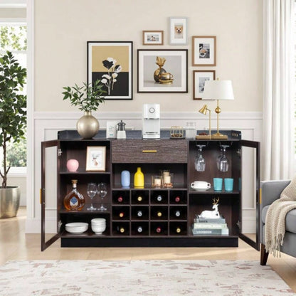 Double Glass Door with Single Drawer and 12 - Bottle Wine Rack Sideboard in Black Frame+ Gray - Brown Interior Panels - Particle Board and Glass