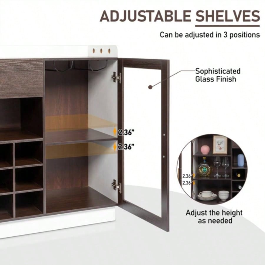 Double Glass Door with Single Drawer and 12 - Bottle Wine Rack Sideboard in Black Frame+ White - Brown Interior Panels - Particle Board and Glass