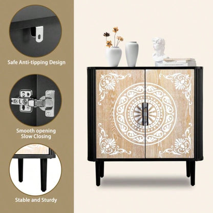 Pattern Carving, High Feet, Oval Tabletop, Curved Side Frame, Door Panel MDF Spray Paint, Cabinet Body Melamine Board Polished, Sideboard 80*39.5*80cm