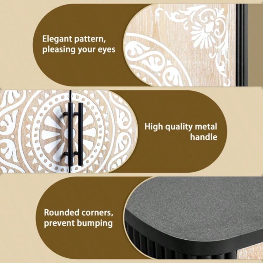 Pattern Carving, High Feet, Oval Tabletop, Curved Side Frame, Door Panel MDF Spray Paint, Cabinet Body Melamine Board Polished, Sideboard 80*39.5*80cm