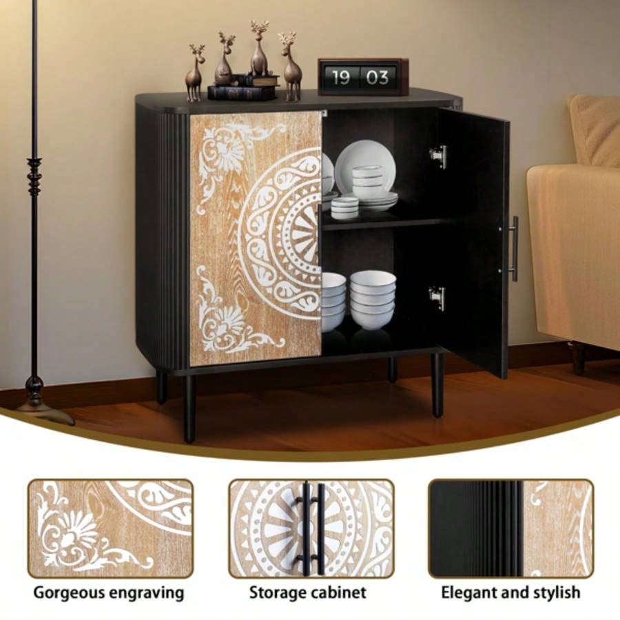 Pattern Carving, High Feet, Oval Tabletop, Curved Side Frame, Door Panel MDF Spray Paint, Cabinet Body Melamine Board Polished, Sideboard 80*39.5*80cm