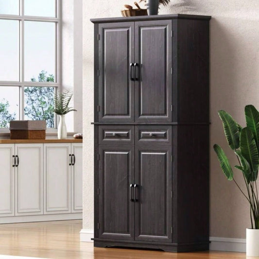 71 Tall Kitchen Pantry Cabinet with 3 Pull Out Cabinet Organizers, Farmhouse Embossed Texture Storage Cabinet with 6 Door Shelves, 2 Drawers, Freestanding Cupboard Kitchen, Dining Room Black