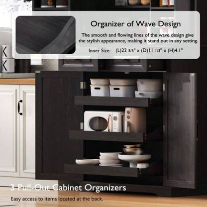 71 Tall Kitchen Pantry Cabinet with 3 Pull Out Cabinet Organizers, Farmhouse Embossed Texture Storage Cabinet with 6 Door Shelves, 2 Drawers, Freestanding Cupboard Kitchen, Dining Room Black