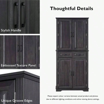 71 Tall Kitchen Pantry Cabinet with 3 Pull Out Cabinet Organizers, Farmhouse Embossed Texture Storage Cabinet with 6 Door Shelves, 2 Drawers, Freestanding Cupboard Kitchen, Dining Room Black