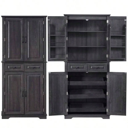 71 Tall Kitchen Pantry Cabinet with 3 Pull Out Cabinet Organizers, Farmhouse Embossed Texture Storage Cabinet with 6 Door Shelves, 2 Drawers, Freestanding Cupboard Kitchen, Dining Room Black