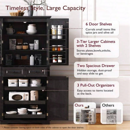 71 Tall Kitchen Pantry Cabinet with 3 Pull Out Cabinet Organizers, Farmhouse Embossed Texture Storage Cabinet with 6 Door Shelves, 2 Drawers, Freestanding Cupboard Kitchen, Dining Room Black