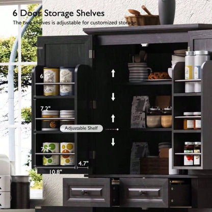71 Tall Kitchen Pantry Cabinet with 3 Pull Out Cabinet Organizers, Farmhouse Embossed Texture Storage Cabinet with 6 Door Shelves, 2 Drawers, Freestanding Cupboard Kitchen, Dining Room Black