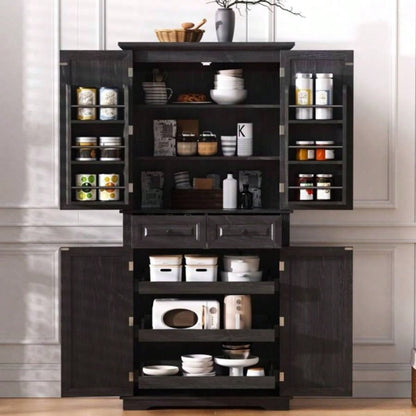 71 Tall Kitchen Pantry Cabinet with 3 Pull Out Cabinet Organizers, Farmhouse Embossed Texture Storage Cabinet with 6 Door Shelves, 2 Drawers, Freestanding Cupboard Kitchen, Dining Room Black