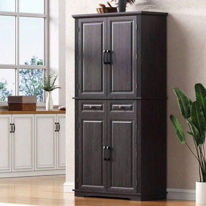 71 Tall Kitchen Pantry Cabinet with 3 Pull Out Cabinet Organizers, Farmhouse Embossed Texture Storage Cabinet with 6 Door Shelves, 2 Drawers, Freestanding Cupboard Kitchen, Dining Room Black