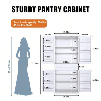 Pantry Cabinet, 71.65 Tall Storage Cabinet with Drawer, 2 Cabinets 6 Door Shelves, Adjustable Shelves, Freestanding Cupboard Kitchen, Living Room, Bathroom, Farmhouse Style, White