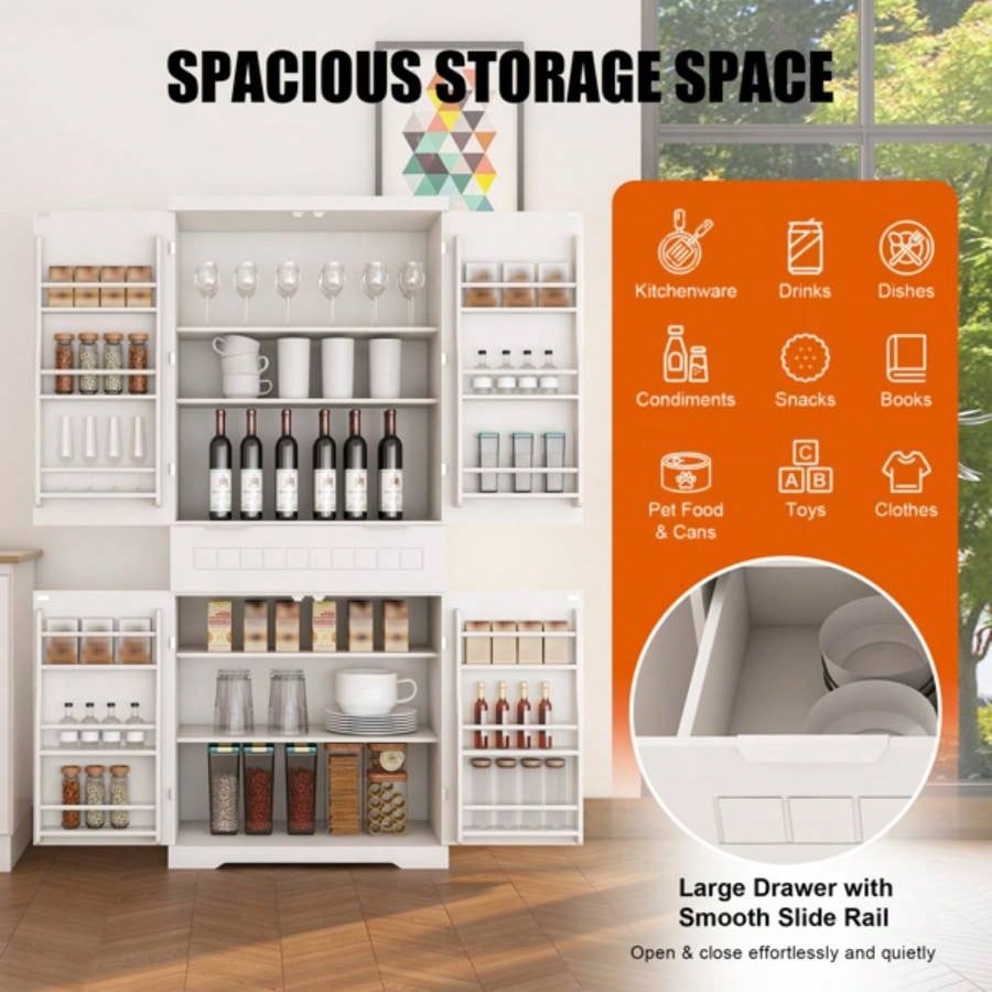 Pantry Cabinet, 71.65 Tall Storage Cabinet with Drawer, 2 Cabinets 6 Door Shelves, Adjustable Shelves, Freestanding Cupboard Kitchen, Living Room, Bathroom, Farmhouse Style, White