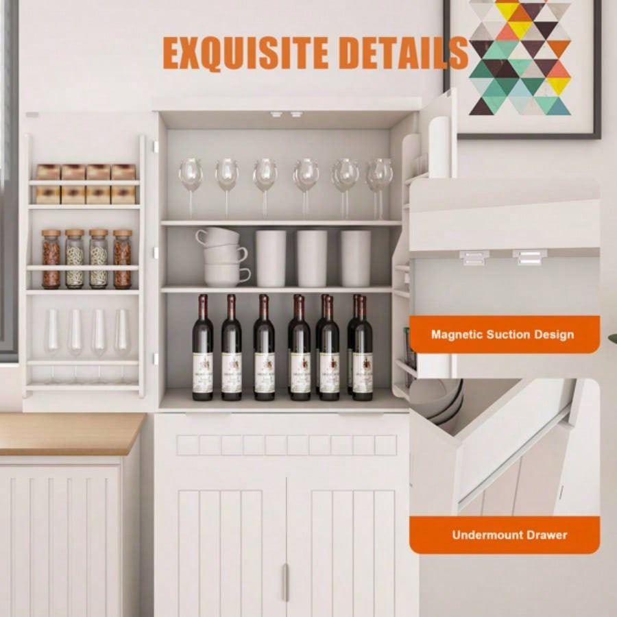Pantry Cabinet, 71.65 Tall Storage Cabinet with Drawer, 2 Cabinets 6 Door Shelves, Adjustable Shelves, Freestanding Cupboard Kitchen, Living Room, Bathroom, Farmhouse Style, White