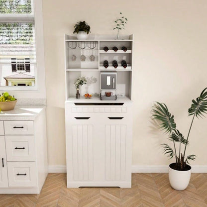 White Buffet Cabinet with Hutch - Modern Farmhouse Kitchen Storage Sideboard with 2 Drawers Barn Doors, Coffee Bar Station or Liquor Cabinet Dining Room, Living Room