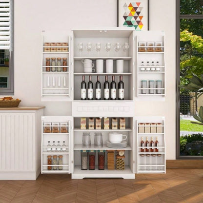Pantry Cabinet, 71.65 Tall Storage Cabinet with Drawer, 2 Cabinets 6 Door Shelves, Adjustable Shelves, Freestanding Cupboard Kitchen, Living Room, Bathroom, Farmhouse Style, White