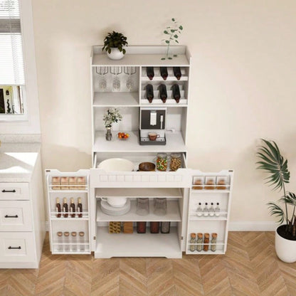 White Buffet Cabinet with Hutch - Modern Farmhouse Kitchen Storage Sideboard with 2 Drawers Barn Doors, Coffee Bar Station or Liquor Cabinet Dining Room, Living Room