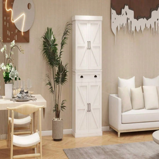 71 Kitchen Pantry Storage Cabinet with 4 Doors2Doors with Racks1 Drawer, 2 Adjustable Shelves, Freestanding Cupboard Kitchen, Dining Room and Living Room - White