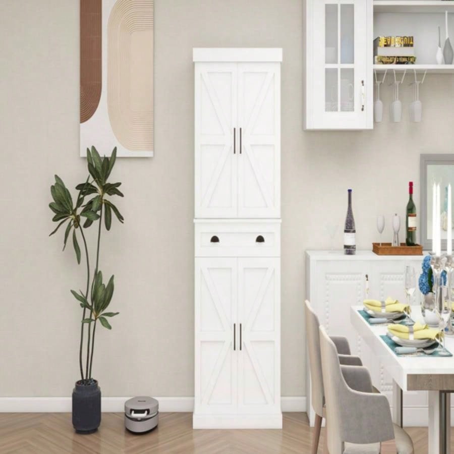 71 Kitchen Pantry Storage Cabinet with 4 Doors2Doors with Racks1 Drawer, 2 Adjustable Shelves, Freestanding Cupboard Kitchen, Dining Room and Living Room - White