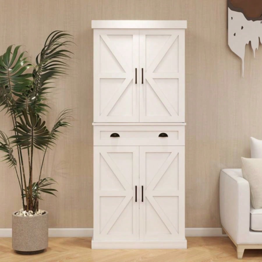 71 Kitchen Pantry Storage Cabinet with 4 Doors2Doors with Racks1 Drawer, 2 Adjustable Shelves, Freestanding Cupboard Kitchen, Dining Room and Living Room - White