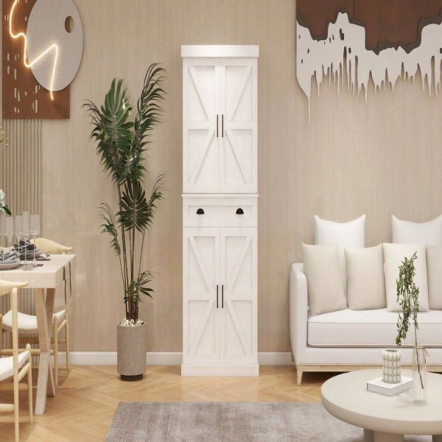 71 Kitchen Pantry Storage Cabinet with 4 Doors2Doors with Racks1 Drawer, 2 Adjustable Shelves, Freestanding Cupboard Kitchen, Dining Room and Living Room - White